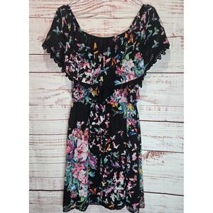 Floral Butterfly Boho Print Off Shoulder Mini Dress Black Multi-colored Size 8